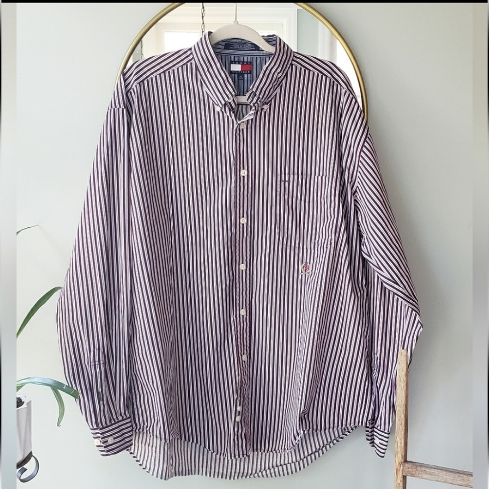 Tommy Hilfiger Red White Blue Long-Sleeve Button Down Striped Shirt Size XL